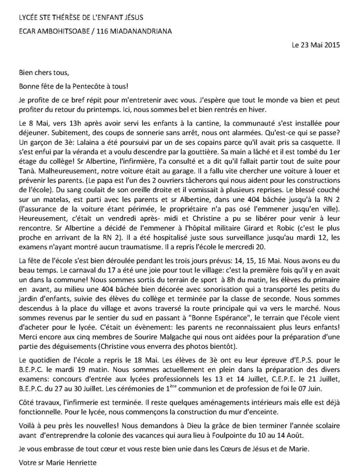 lettre Sr Henriette Pentecote 2015